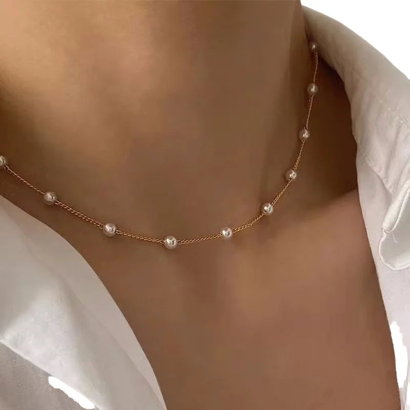 Women's Goth Choker Necklace – Pearl Lace Design, Adjustable Fit, Gold Color