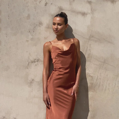 Millie | Long Satin Slip Dress Elegant V-Neck Backless Gown for Women