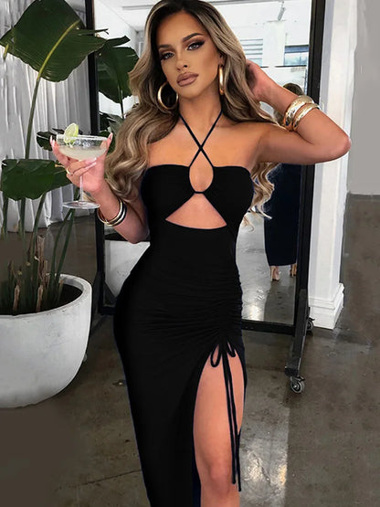 Women's Black Backless Bodycon Midi Dress – Sleek Slim Fit, Perfect for Night Club Parties
