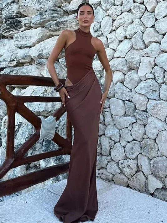 Women's Black Satin Maxi Dress – Elegant Sleeveless, High Waist, Hollow-Out Design