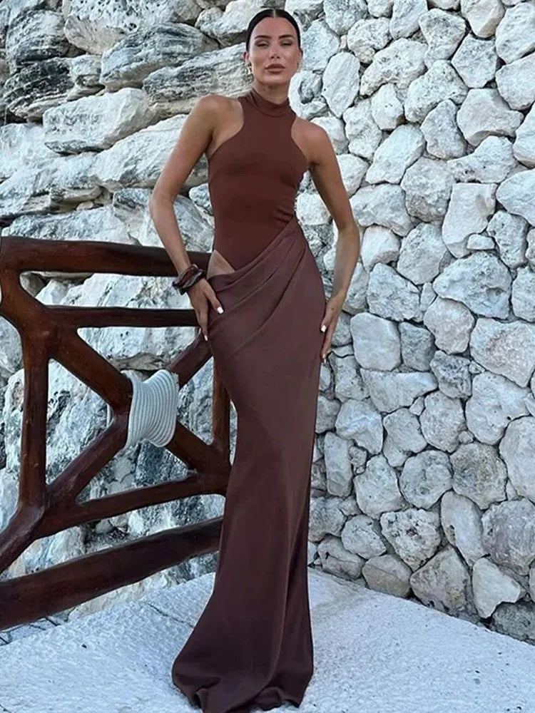 Variant image for Women's Black Satin Maxi Dress – Elegant Sleeveless, High Waist, Hollow-Out Design-4