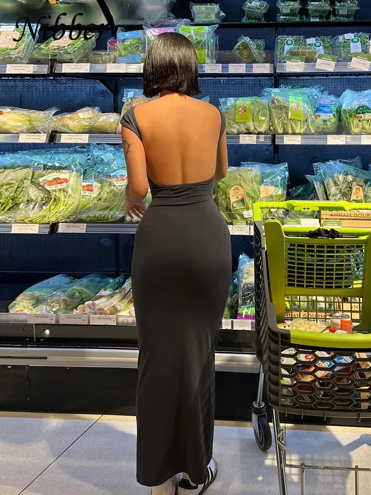 Variant image for Women's Backless Maxi Dress – Elegant Slim Fit, Short Sleeve, Perfect for Summer and Formal Occasions-3
