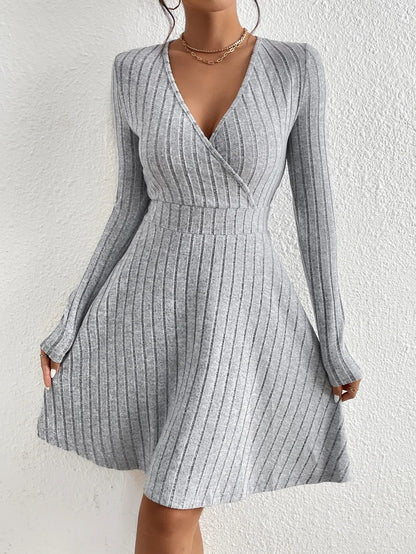 Women's Knit Bodycon Dress – Slim Fit, Elegant V-Neck, Long Sleeve, Casual Midi