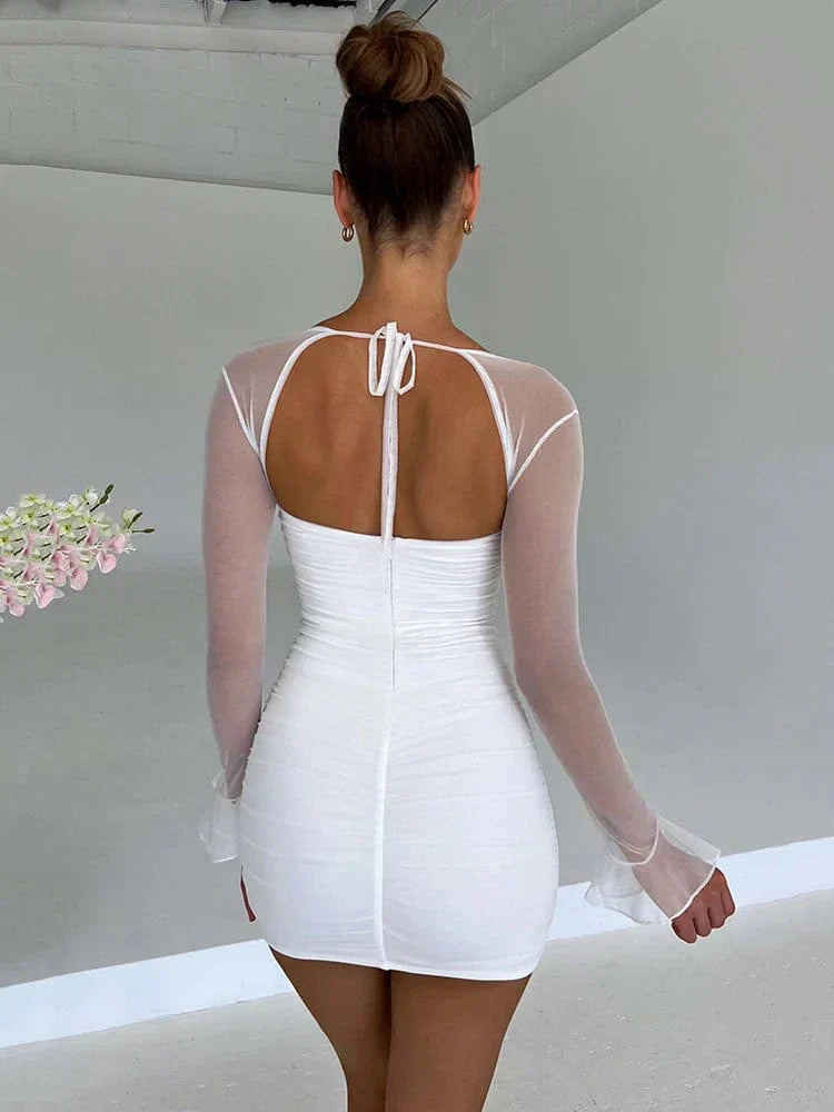 Women's Black Halter Long Sleeve Minidress – Fitted Design, Mini Length, Polyester Blend