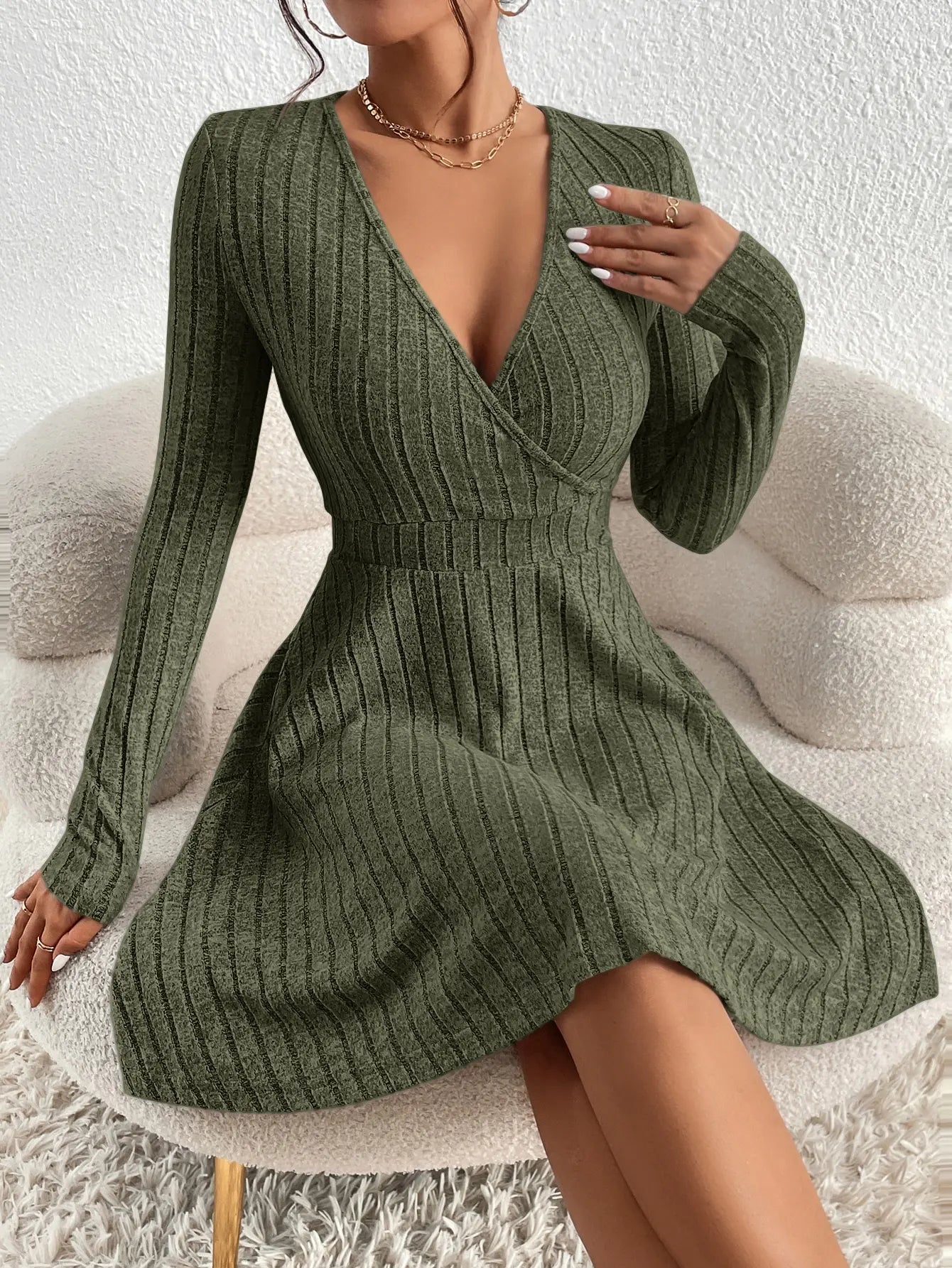 Variant image for Women's Knit Bodycon Dress – Slim Fit, Elegant V-Neck, Long Sleeve, Casual Midi-2