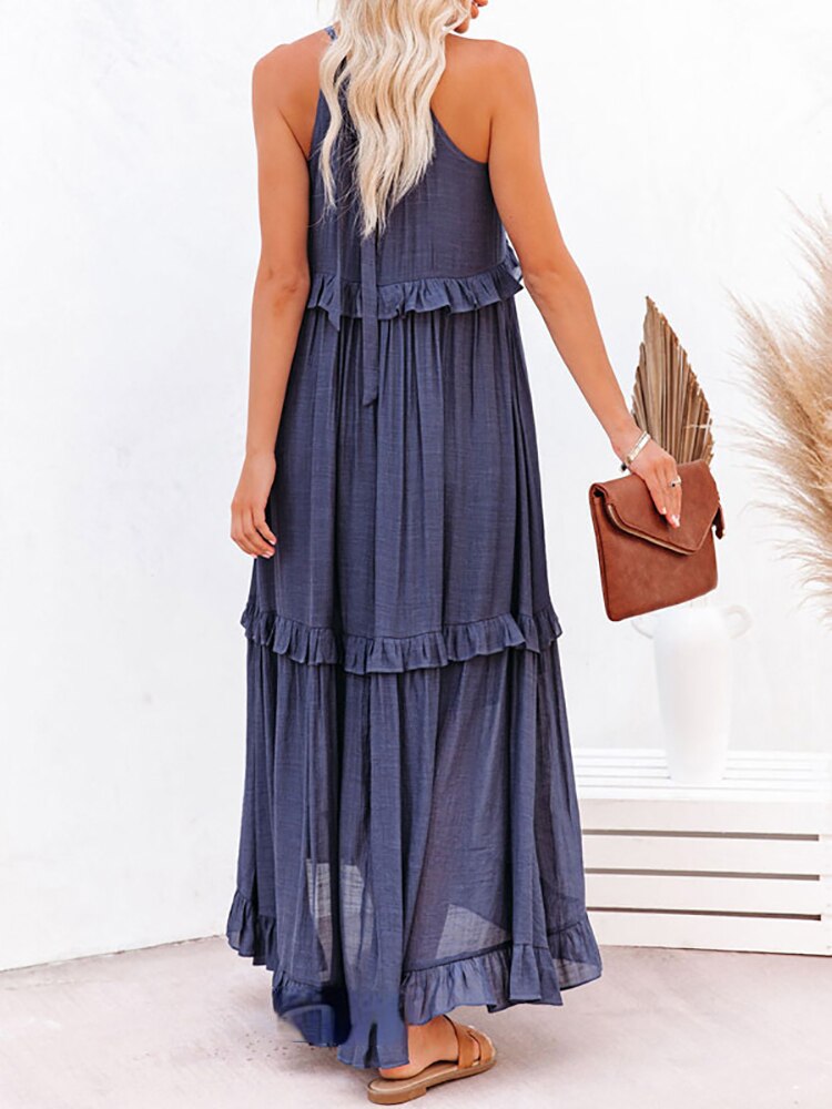 Women's Ruffled Maxi Dress – Sleeveless High-Low Hem, Flowy Fit, Lightweight Viscose Blend, Perfect for Summer