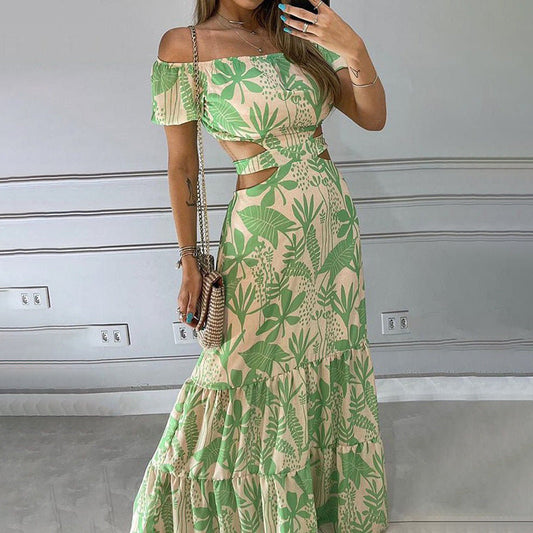 Women's Off-Shoulder Maxi Dress – Flowy Tiered Skirt, Puff Sleeves, Summer Style