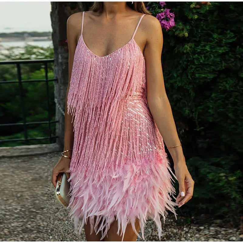 Sophia | Sequin Feather Mini Dress Glamorous V-Neck Party Dress for Women