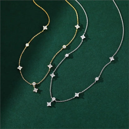 Women's Silver Choker Necklace – Elegant Four-Leaf Flower Design with Zircon Inlay