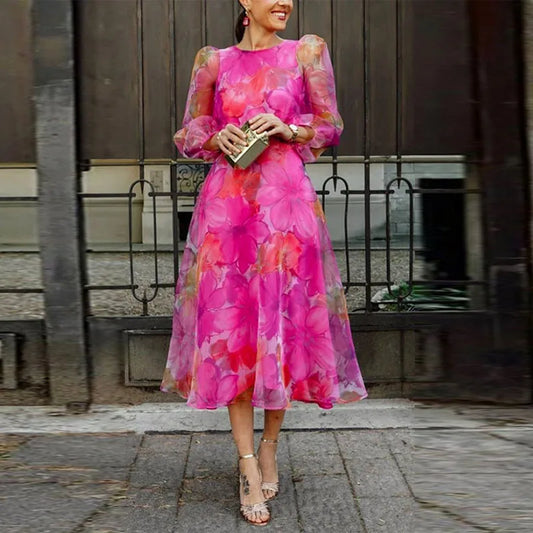 Eleanor | Women’s Elegant Floral Print Dress Timeless A-Line Mid-Calf Dress for Spring