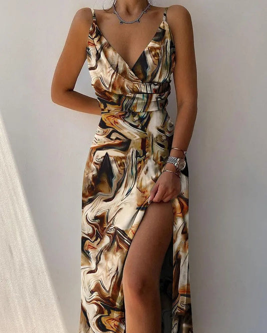 Women's Satin Wrap Dress – Elegant Deep V-Neck, Fitted Waist, Thigh-High Slit, Perfect for Summer and Cocktail Events