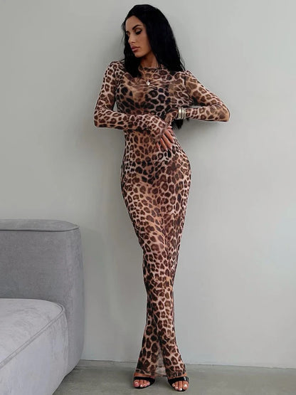 Variant image for Women's Leopard Print Maxi Dress – Long Sleeve, Slim Fit, See-Through Mesh-4