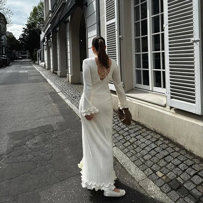 Women's Black Pleated Maxi Dress – Elegant O-Neck, Loose Fit, Autumn Winter Fashion