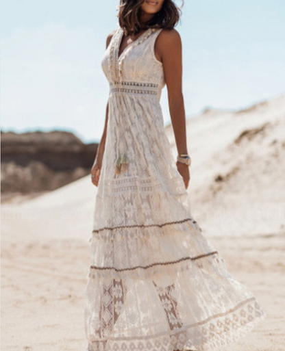 Women's Bohemian Maxi Dress – Lace Embroidered, Sleeveless V-Neck, Fitted Waist, Summer Ready
