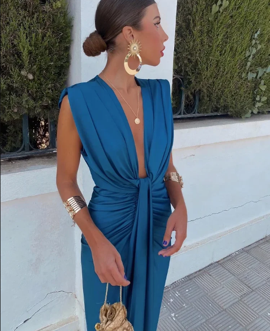 Mia | Elegant Satin Deep V-Neck Dress Ankle-Length Formal Gown