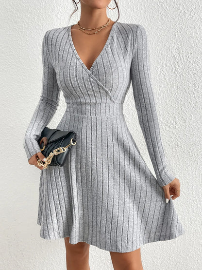 Women's Knit Bodycon Dress – Slim Fit, Elegant V-Neck, Long Sleeve, Casual Midi