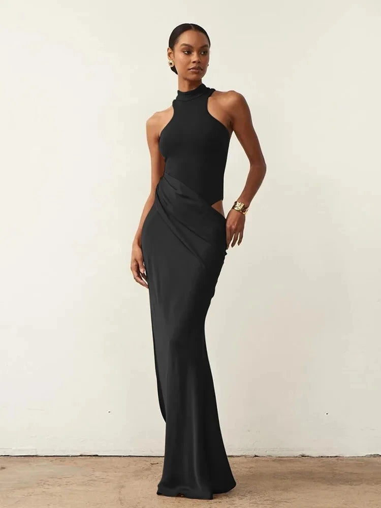 Variant image for Women's Black Satin Maxi Dress – Elegant Sleeveless, High Waist, Hollow-Out Design-5