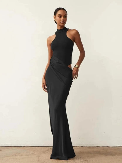 Variant image for Women's Black Satin Maxi Dress – Elegant Sleeveless, High Waist, Hollow-Out Design-5