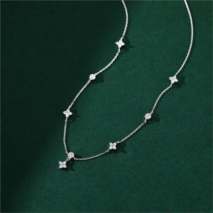 Women's Silver Choker Necklace – Elegant Four-Leaf Flower Design with Zircon Inlay