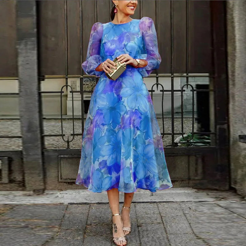 Eleanor | Women’s Elegant Floral Print Dress Timeless A-Line Mid-Calf Dress for Spring