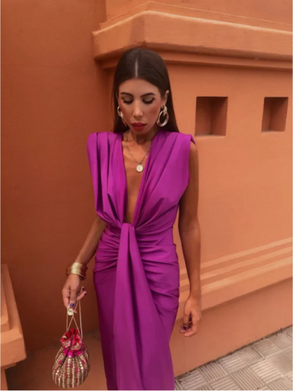 Mia | Elegant Satin Deep V-Neck Dress Ankle-Length Formal Gown