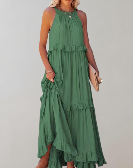 Women's Flowy Maxi Dress – High Neck, Sleeveless, Ruffle Detail, Lightweight, Summer Ready