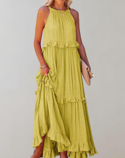Women's Flowy Maxi Dress – High Neck, Sleeveless, Ruffle Detail, Lightweight, Summer Ready