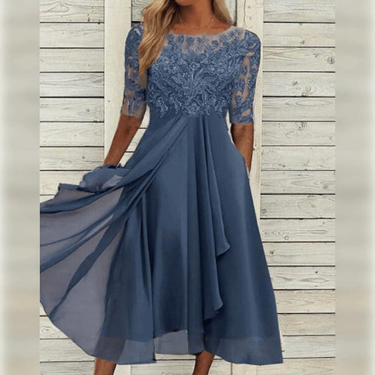 Emily | Elegant Lace Chiffon Midi Dress Half Sleeve Formal A-Line Gown