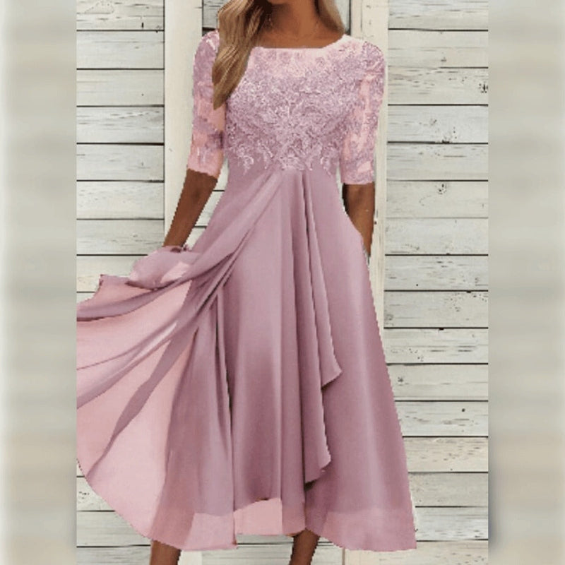 Emily | Elegant Lace Chiffon Midi Dress Half Sleeve Formal A-Line Gown