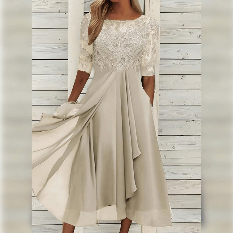 Emily | Elegant Lace Chiffon Midi Dress Half Sleeve Formal A-Line Gown