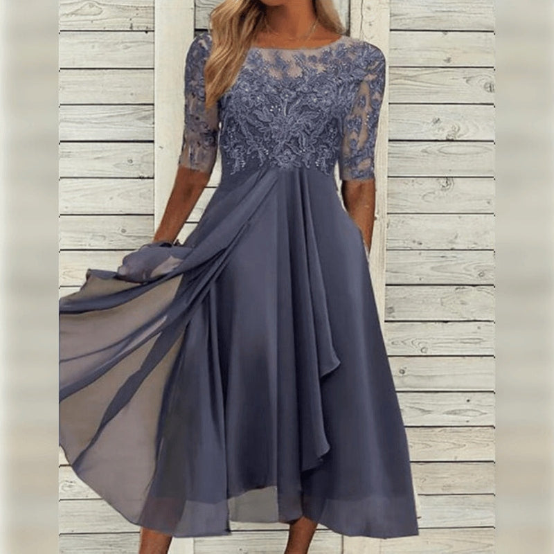Emily | Elegant Lace Chiffon Midi Dress Half Sleeve Formal A-Line Gown