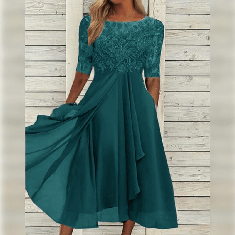 Emily | Elegant Lace Chiffon Midi Dress Half Sleeve Formal A-Line Gown