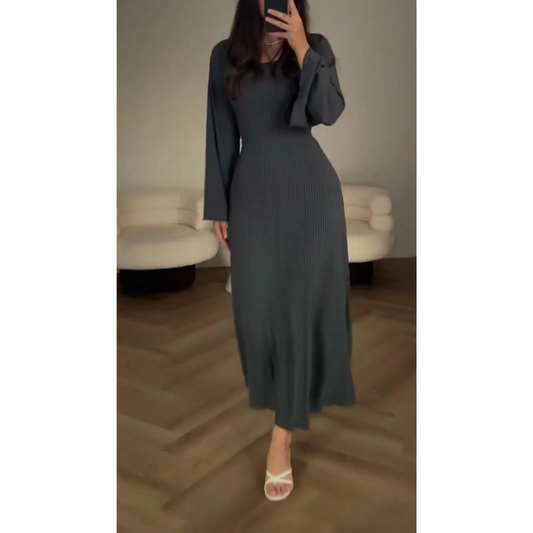 Women's Knit Maxi Dress – Ribbed Texture, Long Sleeve, Flared Hem, Comfortable Fit