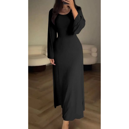 Women's Knit Maxi Dress – Ribbed Texture, Long Sleeve, Flared Hem, Comfortable Fit