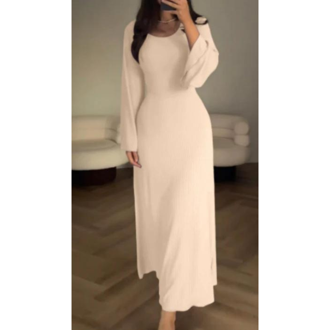 Variant image for Women's Knit Maxi Dress – Ribbed Texture, Long Sleeve, Flared Hem, Comfortable Fit-25