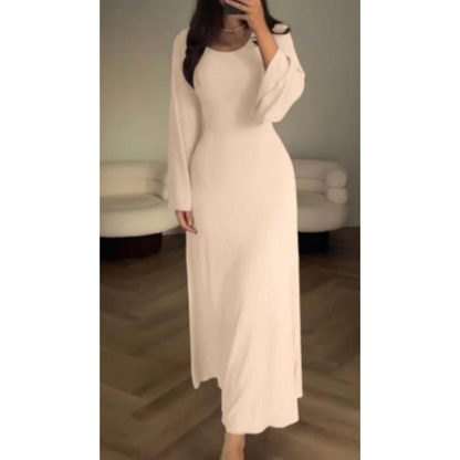 Variant image for Women's Knit Maxi Dress – Ribbed Texture, Long Sleeve, Flared Hem, Comfortable Fit-25