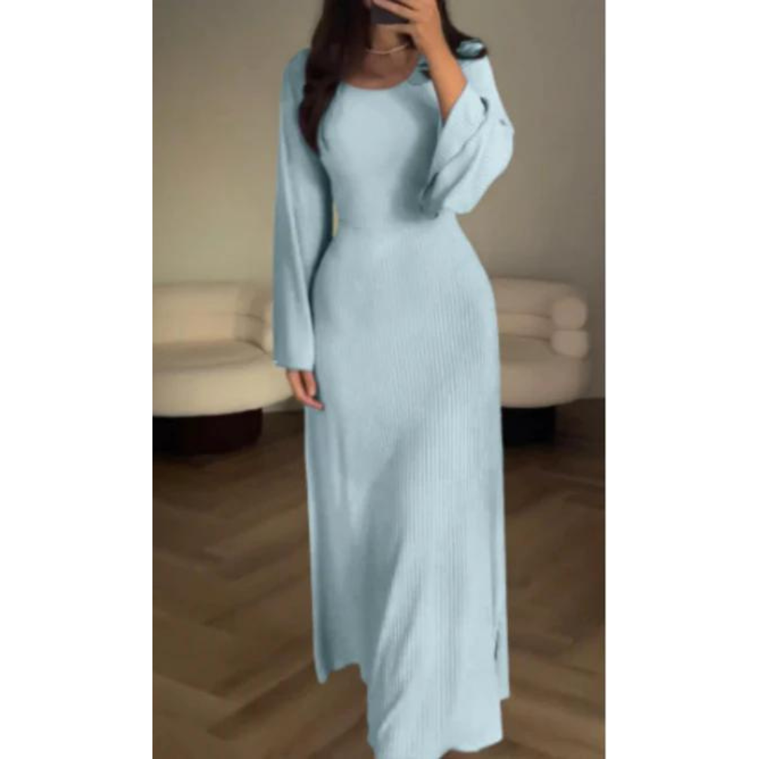 Variant image for Women's Knit Maxi Dress – Ribbed Texture, Long Sleeve, Flared Hem, Comfortable Fit-29