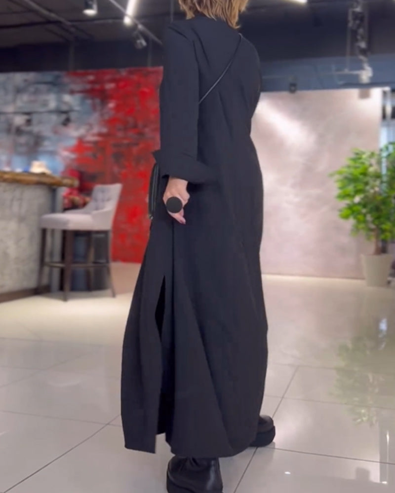 Women's Black Maxi Dress – Flattering V-Neck, Loose Fit, Long Sleeve, Side Slit, Pockets