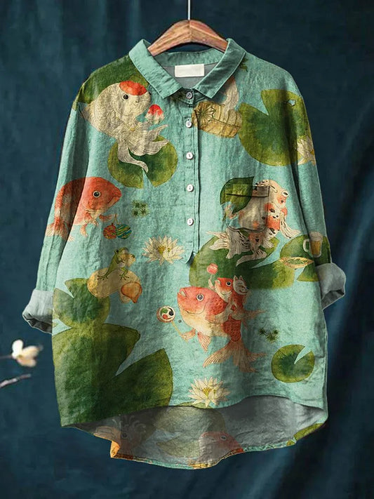 Zara | Women's Fish Print Tee Breathable, Artistic Long Sleeve Shirt