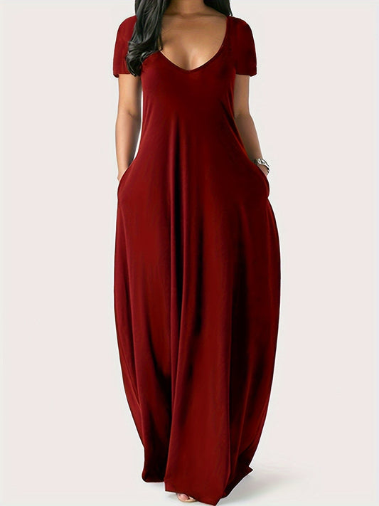 Women's Flowy Maxi Dress – Lightweight V-Neck, Short Sleeve, Pockets, Perfect for Summer