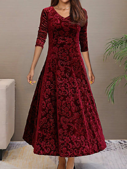 Women's Velvet A-Line Midi Dress – Elegant V-Neck, 3/4 Sleeve, Floral Pattern, Perfect for Semi-Formal Events