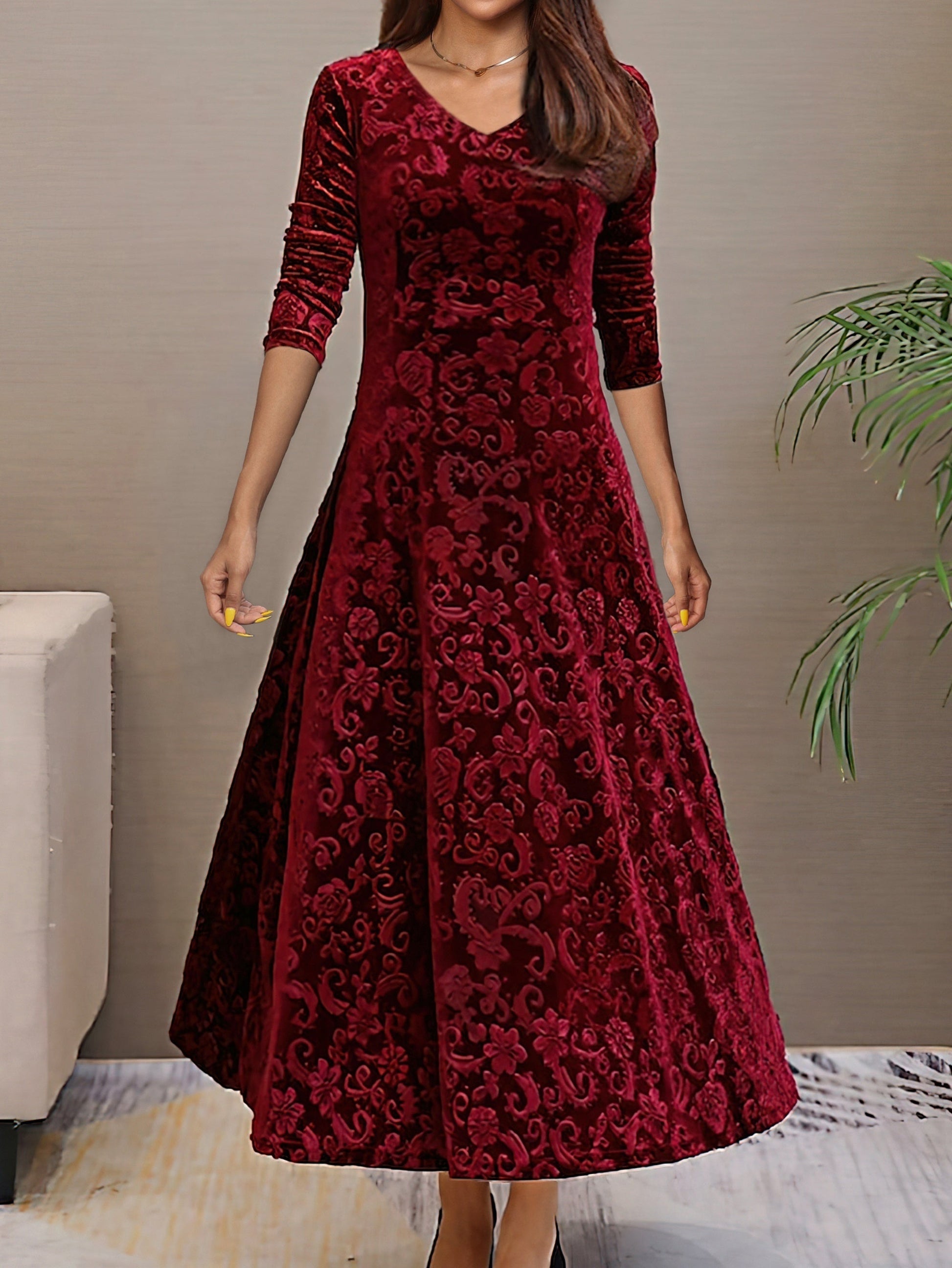 Variant image for Women's Velvet A-Line Midi Dress – Elegant V-Neck, 3/4 Sleeve, Floral Pattern, Perfect for Semi-Formal Events-1