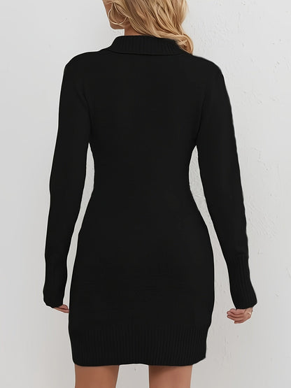 Women's Knitted Sweater Dress – Wrap V-Neck, Long Sleeve, Bodycon Fit, Elegant Button Detail, Autumn/Winter