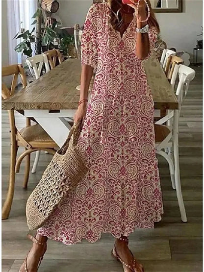 Women's Floral Maxi Dress – Lightweight Cotton Blend, V-Neck, 3/4 Sleeve, Casual Fit, Summer Ready