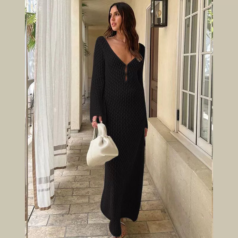 Variant image for Women's Crochet Maxi Dress – Elegant Deep V-Neck, Long Sleeve, Bodycon Fit, Perfect for Summer-16