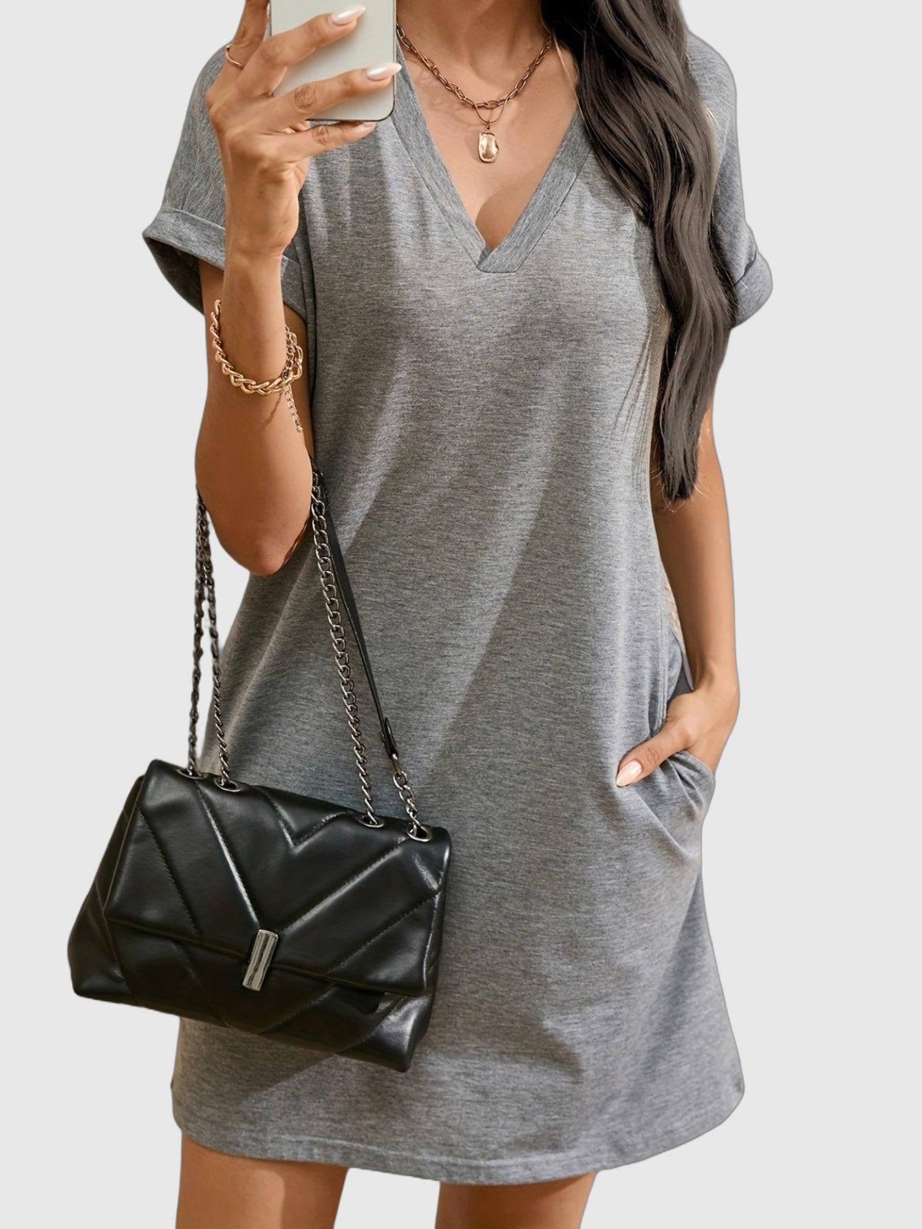 Women's Casual Summer Dress – Lightweight V-Neck, Short Sleeve, With Pockets