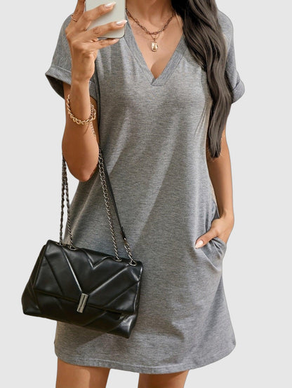 Women's Casual Summer Dress – Lightweight V-Neck, Short Sleeve, With Pockets
