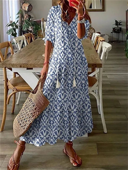 Women's Floral Maxi Dress – Lightweight Cotton Blend, V-Neck, 3/4 Sleeve, Casual Fit, Summer Ready