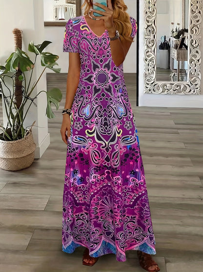 Variant image for Women's Maxi Dress – Elegant V-Neck, Short Sleeve, Relaxed Fit, Ornate Pattern, Summer Ready-6