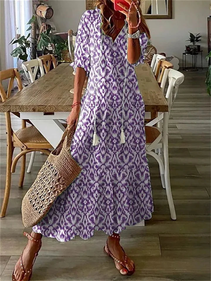 Variant image for Women's Floral Maxi Dress – Lightweight Cotton Blend, V-Neck, 3/4 Sleeve, Casual Fit, Summer Ready-9